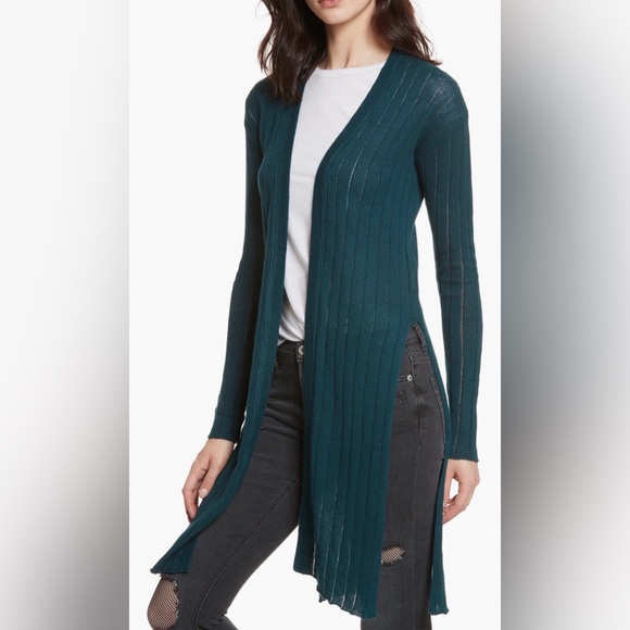 Free People Sweaters - Free People Ribby Rib Long Cardigan XS Linen Cotton Blend Forest Green Duster